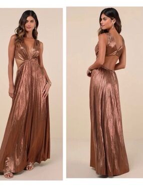 Lulu's Metallic Bronze Strapless Pleated Evening Gown